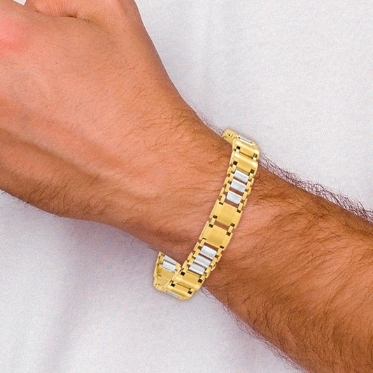 14KT Two-tone Polished and Brushed Fancy Link Men's Bracelet
