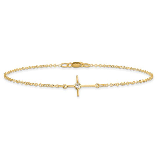 14kt Yellow Gold Polished CZ Cross Anklet
