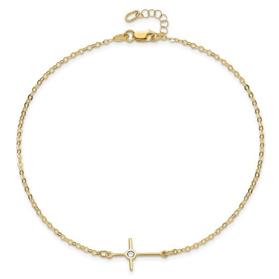14kt Yellow Gold Polished CZ Cross Anklet