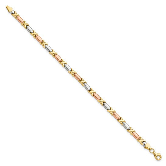 14KT Yellow Gold w/White and Rose Gold-plating Polished and Brushed X Bracelet