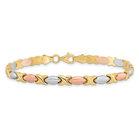 14KT Yellow Gold w/White and Rose Gold-plating Polished and Brushed X Bracelet
