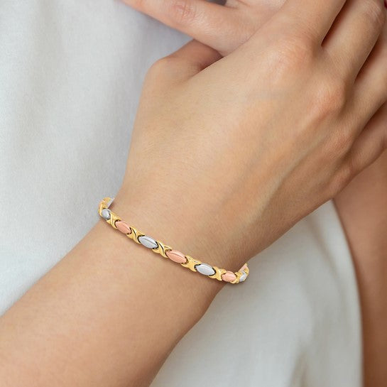 14KT Yellow Gold w/White and Rose Gold-plating Polished and Brushed X Bracelet