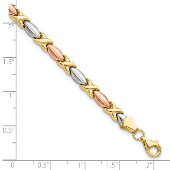 14KT Yellow Gold w/White and Rose Gold-plating Polished and Brushed X Bracelet