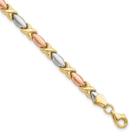 14KT Yellow Gold w/White and Rose Gold-plating Polished and Brushed X Bracelet