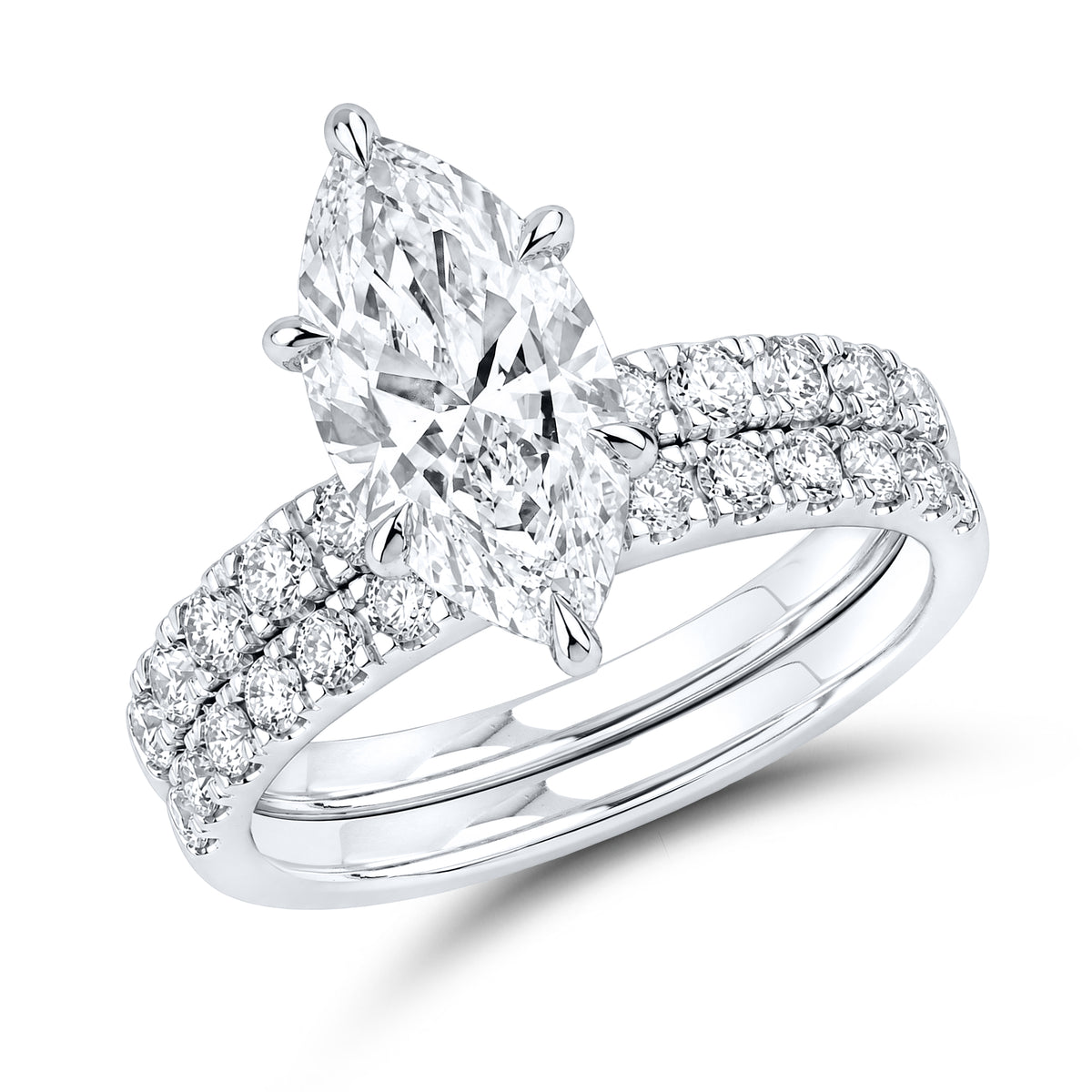 14kt White Gold 4.18 CTW  Marquise Shape  Lab Diamond Bridal Ring Set