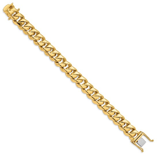 14KT Yellow Gold 8 inch 14mm Hand Polished Fancy Traditional Link with Box Catch Clasp Bracelet