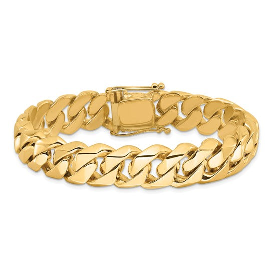 14KT Yellow Gold 8 inch 14mm Hand Polished Fancy Traditional Link with Box Catch Clasp Bracelet