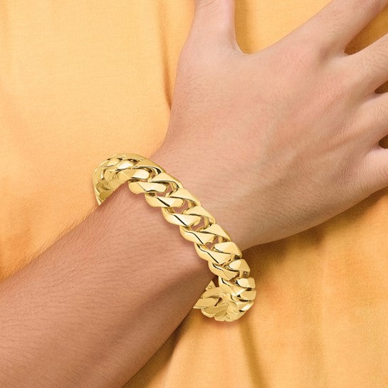 14KT Yellow Gold 8 inch 14mm Hand Polished Fancy Traditional Link with Box Catch Clasp Bracelet