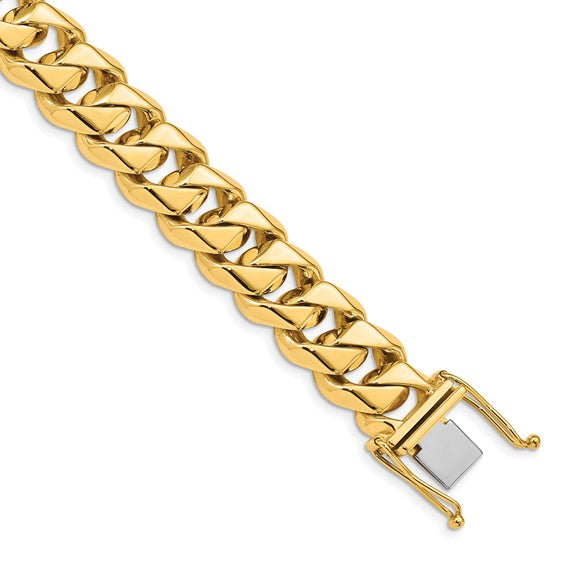 14KT Yellow Gold 8 inch 14mm Hand Polished Fancy Traditional Link with Box Catch Clasp Bracelet