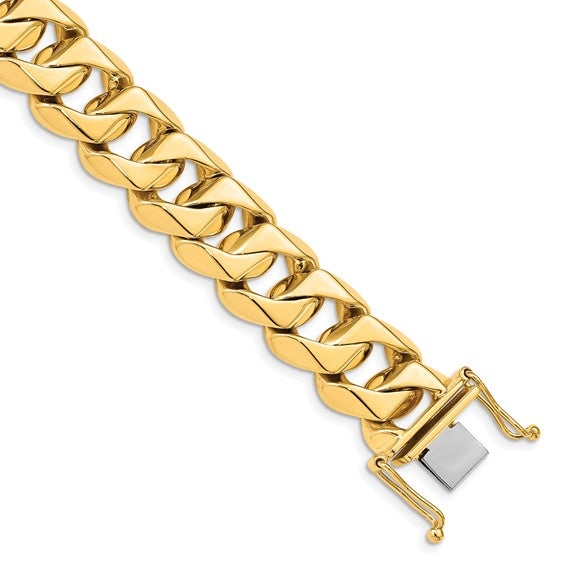 14kt Yellow Gold 8 inch 15mm Hand Polished Fancy Traditional Link with Box Catch Clasp Bracelet
