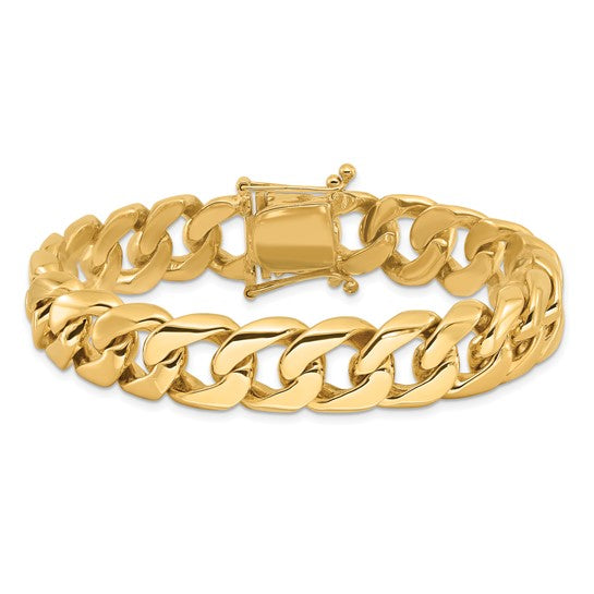 14KT Yellow Gold 8 inch 13.4mm Hand Polished Rounded Curb Link with Box Catch Clasp Bracelet