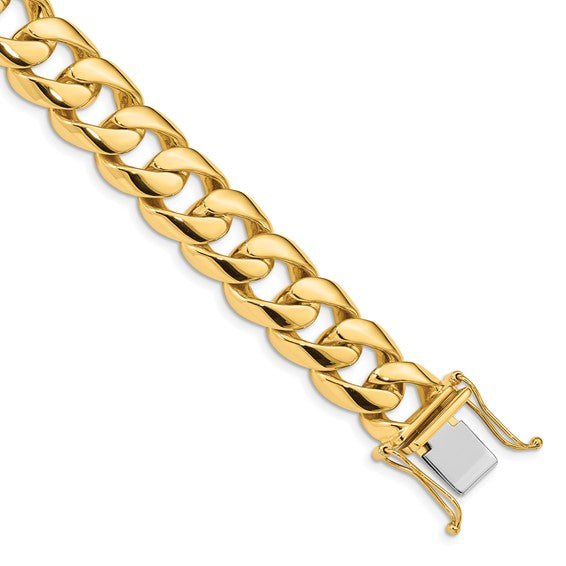 14KT Yellow Gold 8 inch 13.4mm Hand Polished Rounded Curb Link with Box Catch Clasp Bracelet