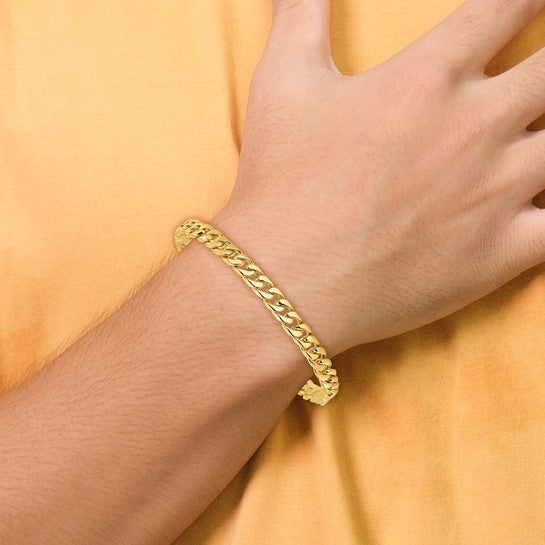 14KT Yellow Gold 8 inch 6.8mm Hand Polished Flat Beveled Curb Link with Box Catch Clasp Bracelet