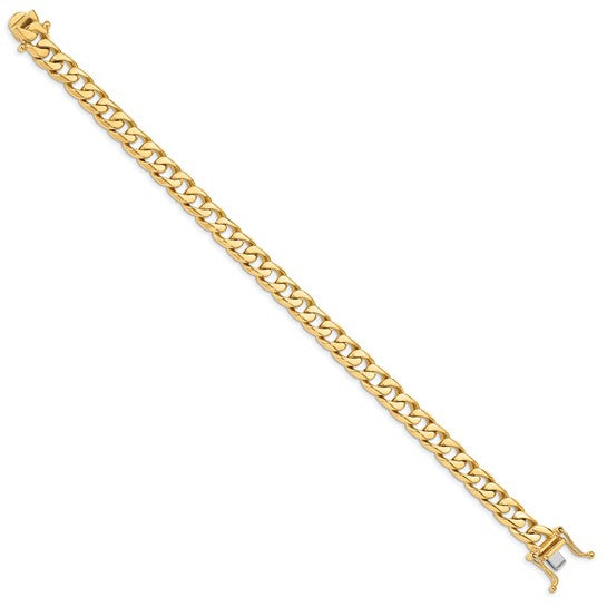 14KT Yellow Gold 8 inch 7.5mm Hand Polished Flat Beveled Curb Link with Box Catch Clasp Bracelet
