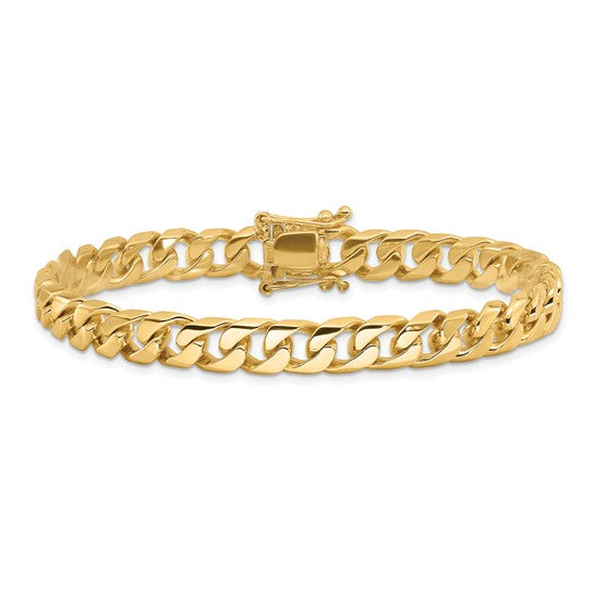 14KT Yellow Gold 8 inch 7.5mm Hand Polished Flat Beveled Curb Link with Box Catch Clasp Bracelet