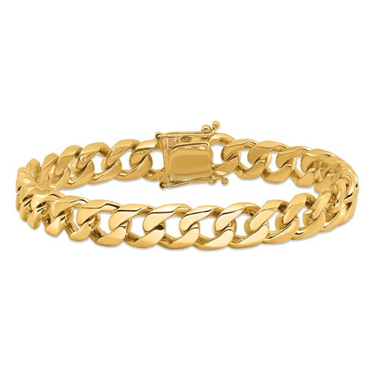 14kt Yellow Gold 8 inch 9.7mm Hand Polished Flat Beveled Curb Link with Box Catch Clasp Bracelet