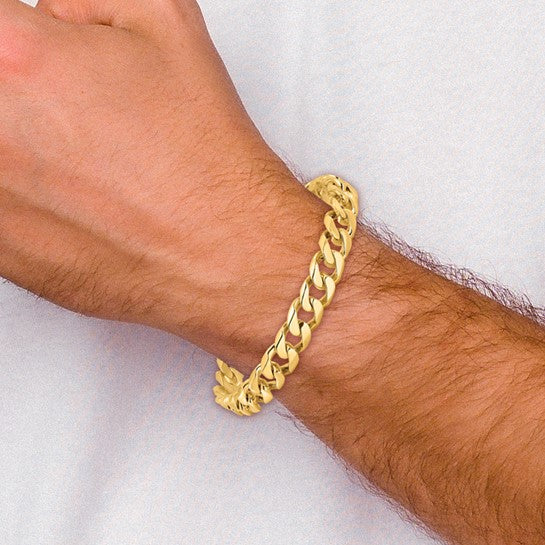 14kt Yellow Gold 8 inch 9.7mm Hand Polished Flat Beveled Curb Link with Box Catch Clasp Bracelet