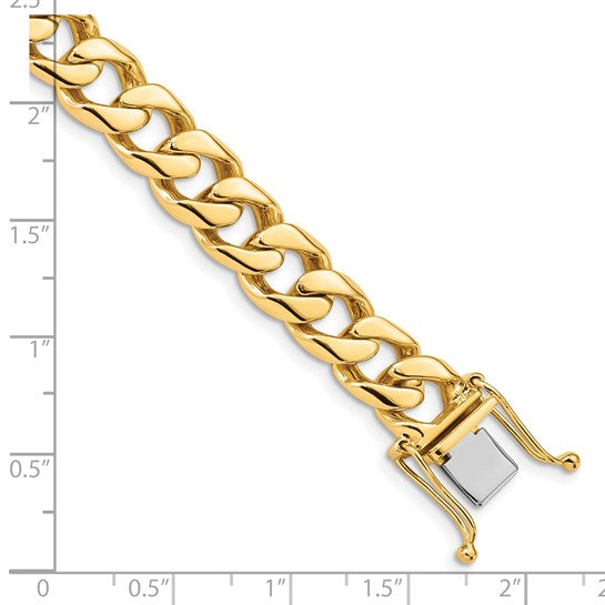 14kt Yellow Gold 8 inch 9.7mm Hand Polished Flat Beveled Curb Link with Box Catch Clasp Bracelet