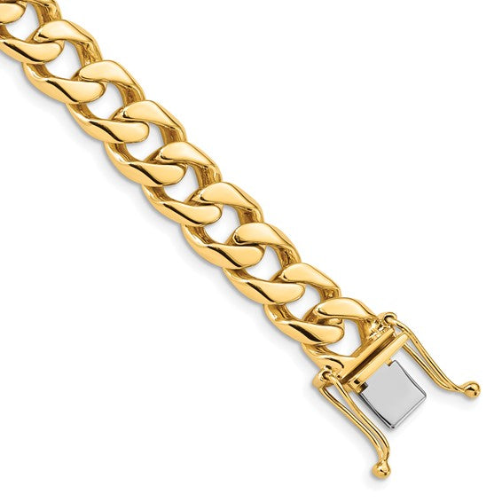 14kt Yellow Gold 8 inch 9.7mm Hand Polished Flat Beveled Curb Link with Box Catch Clasp Bracelet