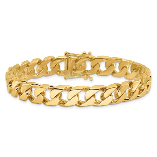 14kt Yellow Gold 8 inch 10.6mm Hand Polished Flat Beveled Curb Link with Box Catch Clasp Bracelet
