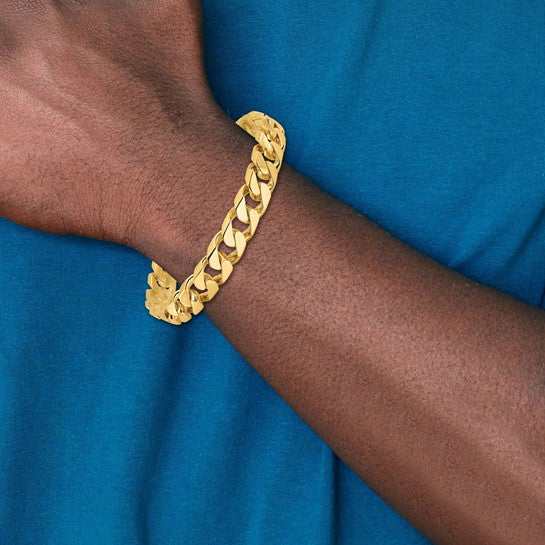 14kt Yellow Gold 8 inch 10.6mm Hand Polished Flat Beveled Curb Link with Box Catch Clasp Bracelet