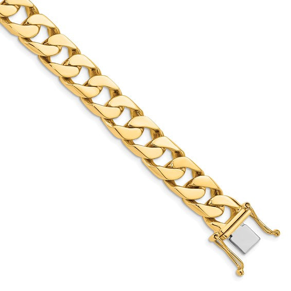 14kt Yellow Gold 8 inch 10.6mm Hand Polished Flat Beveled Curb Link with Box Catch Clasp Bracelet