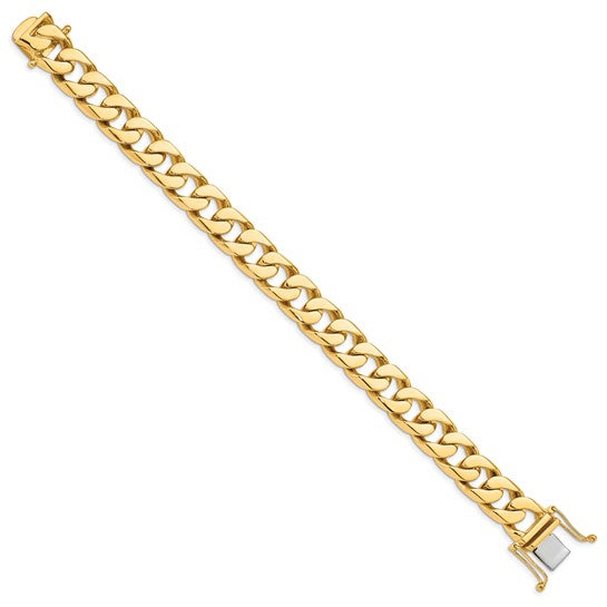 14kt Yellow Gold 8 inch 12mm Hand Polished Flat Beveled Curb Link with Box Catch Clasp Bracelet