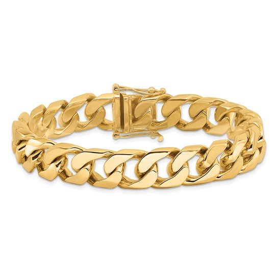 14kt Yellow Gold 8 inch 12mm Hand Polished Flat Beveled Curb Link with Box Catch Clasp Bracelet