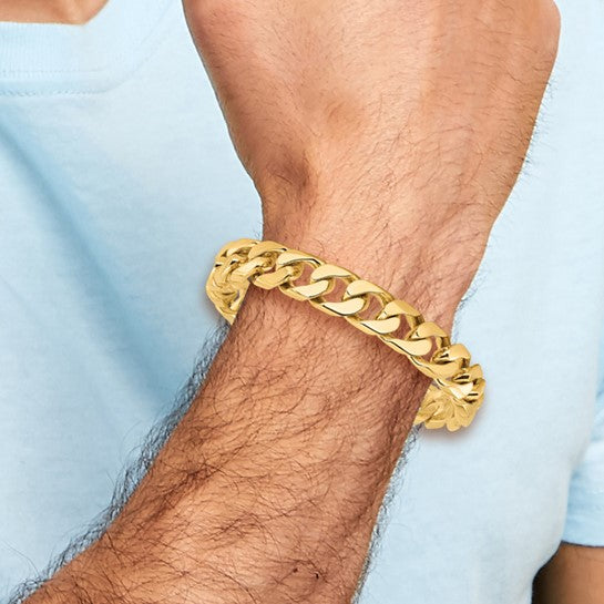 14kt Yellow Gold 8 inch 12mm Hand Polished Flat Beveled Curb Link with Box Catch Clasp Bracelet