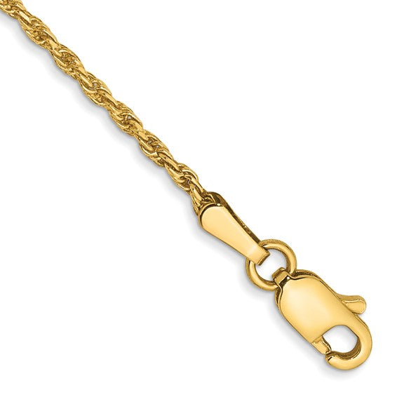 14kt Yellow Gold 8 inch 1.3mm Diamond-cut Solid Machine Made Rope with Lobster Clasp Chain