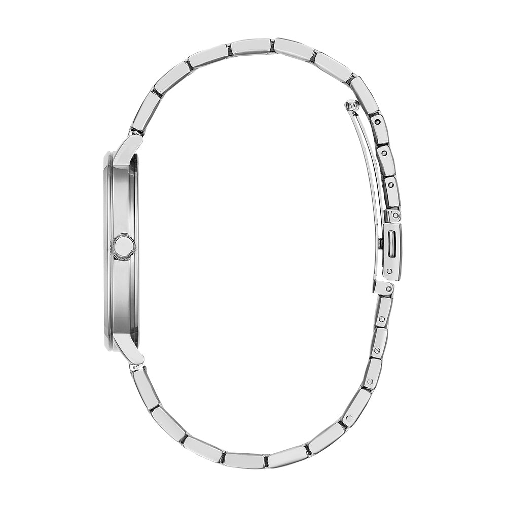 White dial accented with metallic blue hand watch