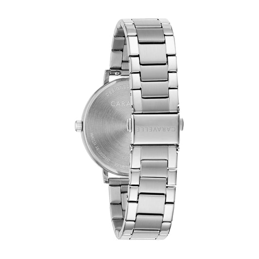 White dial accented with metallic blue hand watch