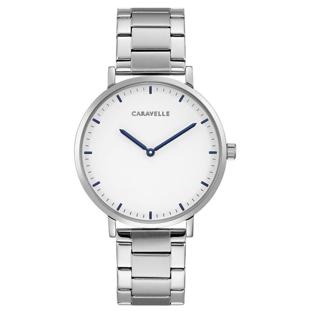 White dial accented with metallic blue hand watch