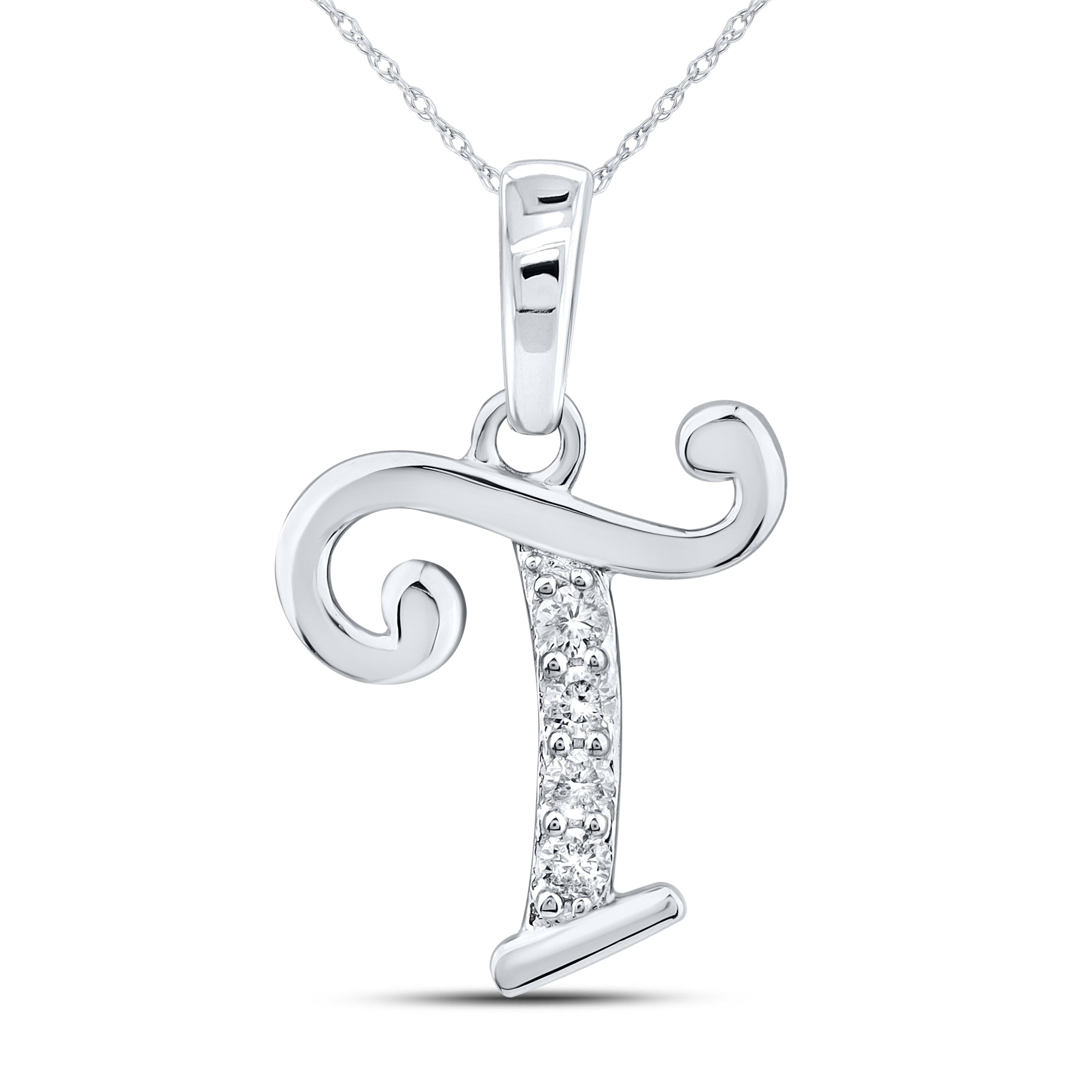 10kt White Gold 0.04 CTW Diamond Initial T Charm Pendant