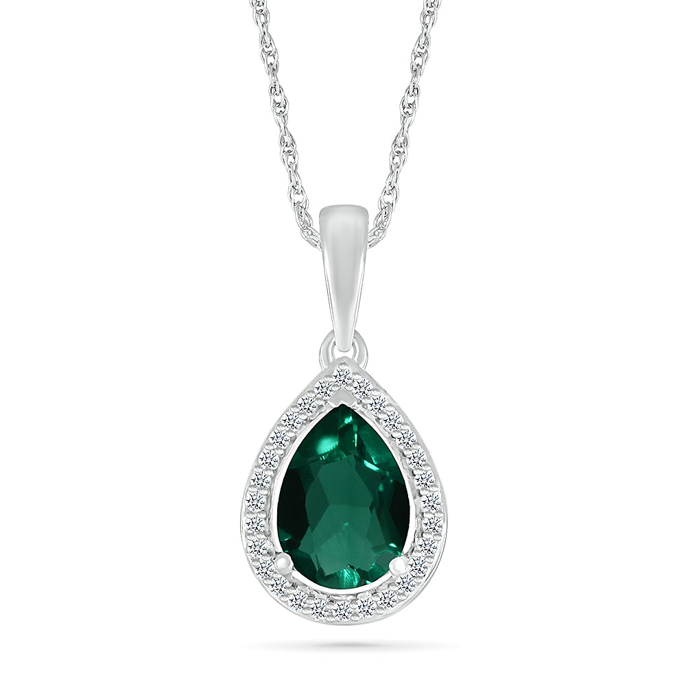 14K WHITE GOLD LAB CREATED EMERALD 0.08 CTW DIAMOND PENDANT