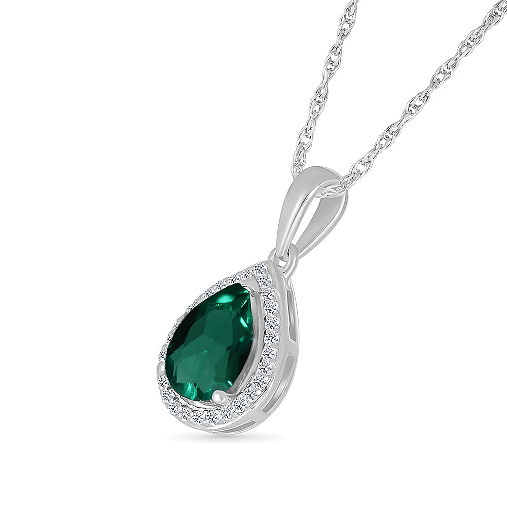 14K WHITE GOLD LAB CREATED EMERALD 0.08 CTW DIAMOND PENDANT