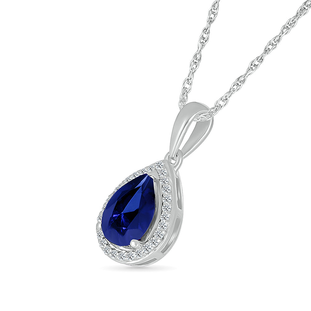 14K WHITE GOLD LAB CREATED SAPPHIRE 0.08 CTW DIAMOND PENDANT