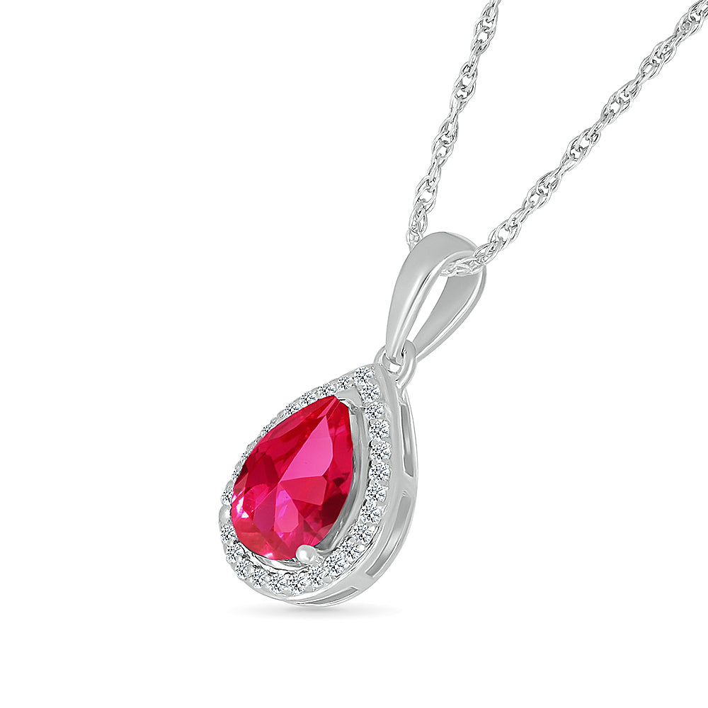 14K WHITE GOLD LAB CREATED RUBY 0.08 CTW DIAMOND PENDANT