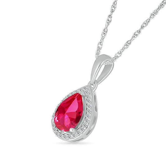 14K WHITE GOLD LAB CREATED RUBY 0.08 CTW DIAMOND PENDANT
