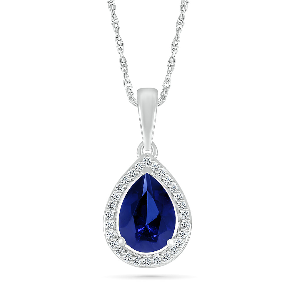 14K WHITE GOLD LAB CREATED SAPPHIRE 0.08 CTW DIAMOND PENDANT