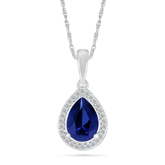 14K WHITE GOLD LAB CREATED SAPPHIRE 0.08 CTW DIAMOND PENDANT