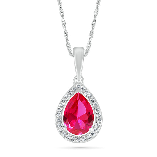 14K WHITE GOLD LAB CREATED RUBY 0.08 CTW DIAMOND PENDANT