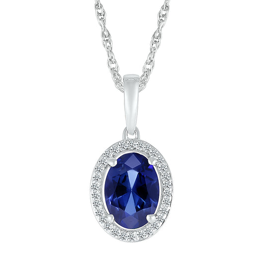 14K WHITE GOLD LAB CREATED SAPPHIRE 0.08 CTW DIAMOND PENDANT