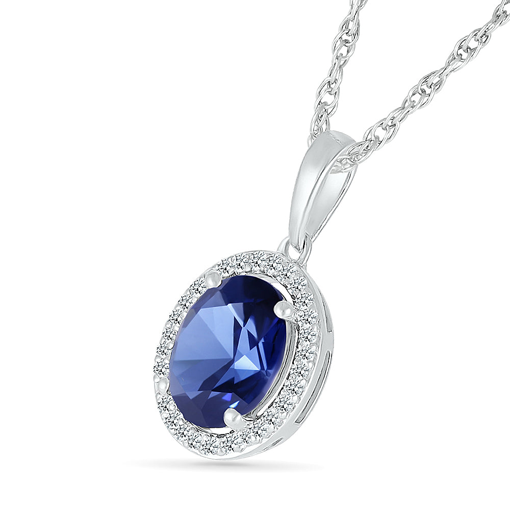 14K WHITE GOLD LAB CREATED SAPPHIRE 0.08 CTW DIAMOND PENDANT