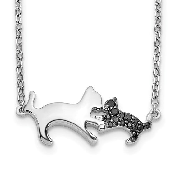 14kt White Gold Black Diamond Mother and Baby Cat 18 inch Necklace