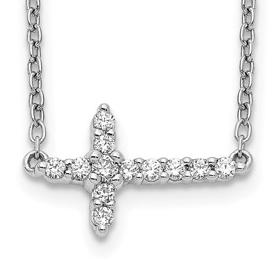 14kt White Gold Diamond Sideways Cross 18in Necklace