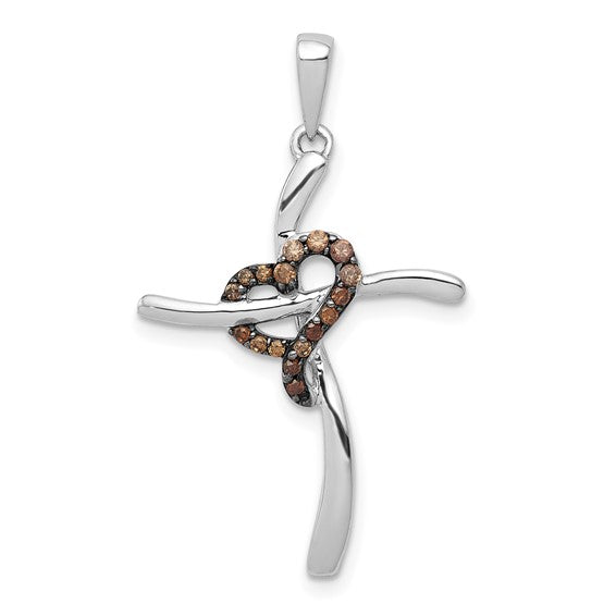 14kt White Gold 1/10ct. Champagne Diamond Heart Cross Pendant