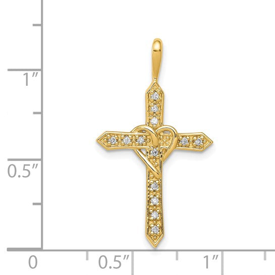 14kt Yellow Gold AA 1/10ct. Diamond Heart Cross Pendant