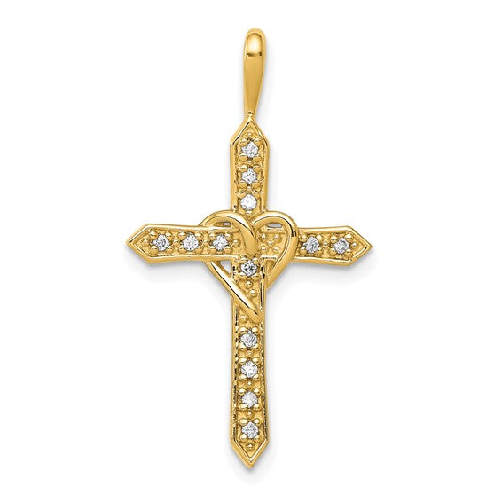 14kt Yellow Gold AA 1/10ct. Diamond Heart Cross Pendant