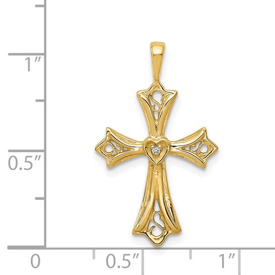14kt Yellow Gold AA Diamond Cross w/ Heart Center Pendant